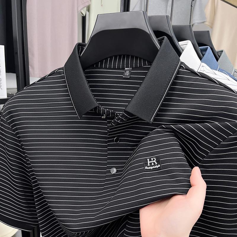 

Высококачественная вышитая рубашка поло, футболка с короткими рукавами, воротник-лацкан, полосатый повседневный мужской топ с короткими рукавами 3XL