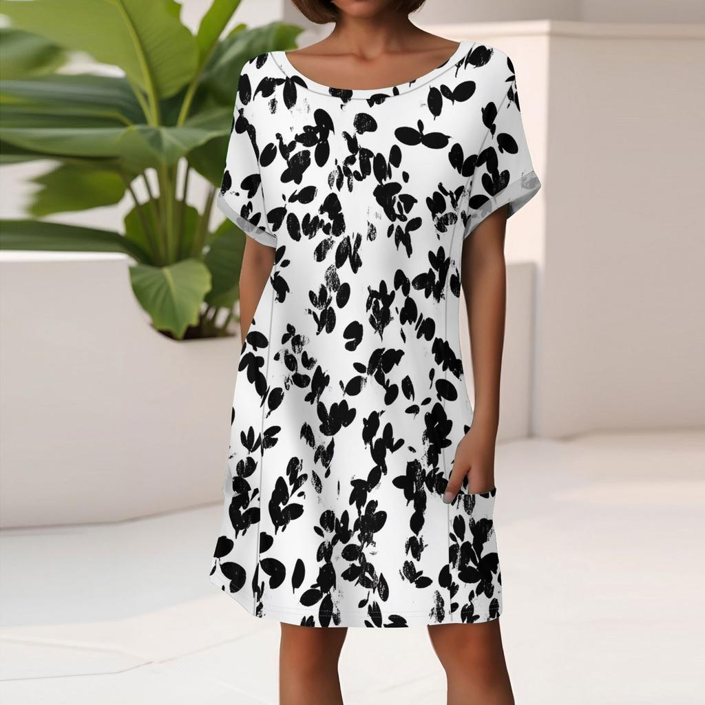 Women's Fashion Short Sleeve Dress With Pockets Floral Print Casual Beach Dress