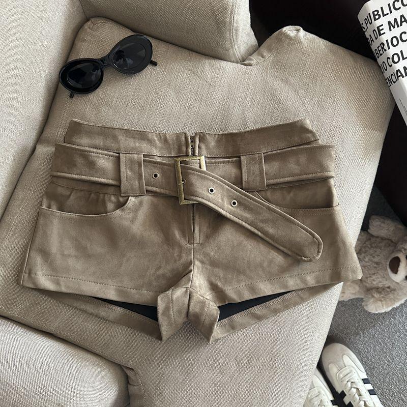 

Women s Khaki Suede High-Waist Shorts - Autumn/Winter Casual Belted Wide-Leg Design L хаки