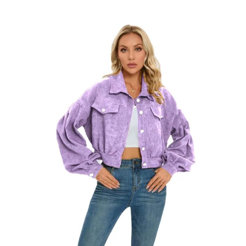 European and American Style Autumn Winter Casual Corduroy Jacket with Lantern Sleeves and Single Breasted Short Coat for Women