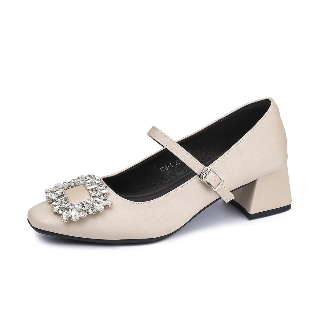 Grape Mother Spring New Mary Jane Shoes Women's Rhinestone Square Buckle Shallow Mouth Single Shoes Women's 2025 Light Luxury High Heels Women
