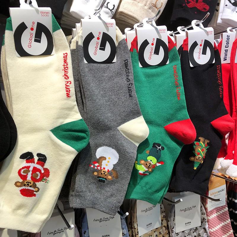 2025 Women's Korean Mid-Calf Christmas Socks: Color Block Heel Cartoon Design for Autumn/Winter Happy Party.
