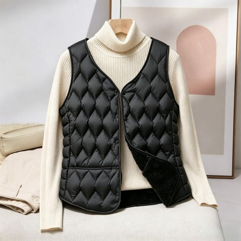 Womens Lightweight Padded Vest With Fleece Lining V-Neck Sleeveless Short Outerwear Winter
