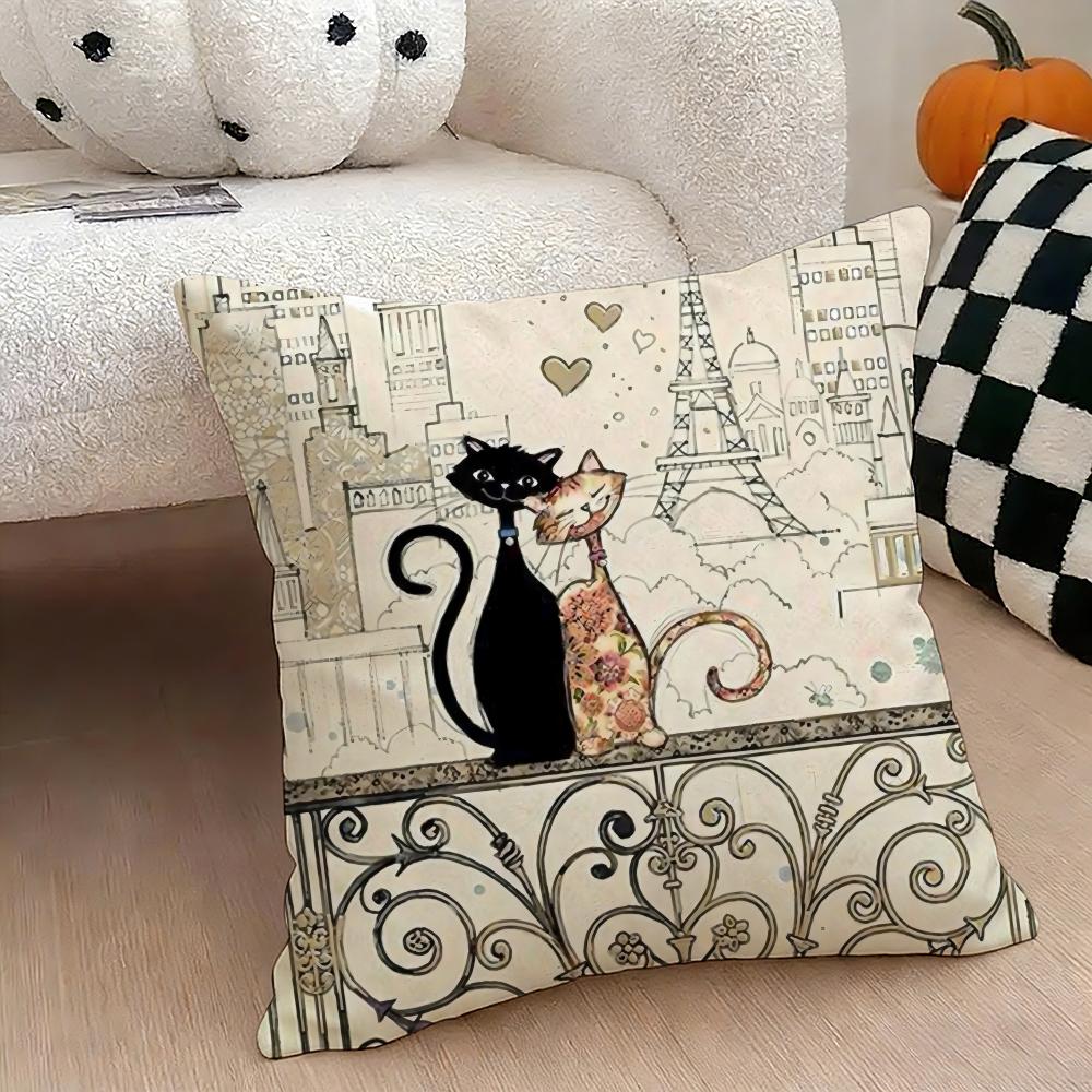 Cartoon little black cat cute Cushion Cover Natural Linen Double Sided Print Throw Pillow Case for Sofa Couch Home Decor