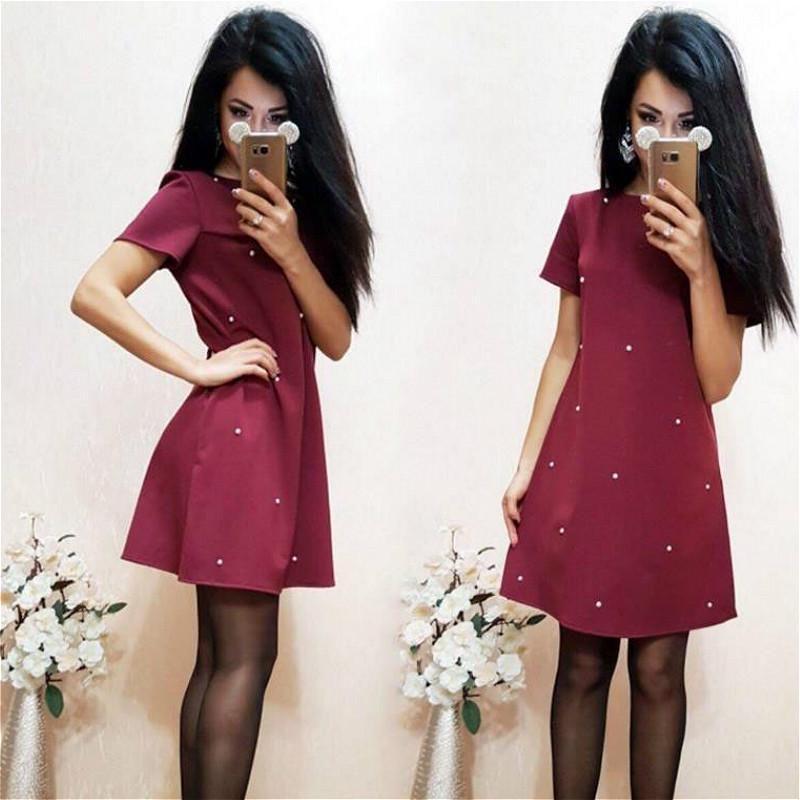 Elegant Casual O Neck Short Sleeve A-line Dress With Studded And Beaded Accents