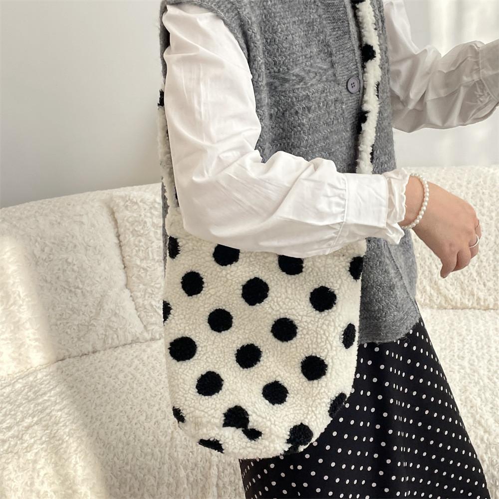 Colorful Polka Dot Plush Bucket Bag Soft And Spacious Shopping Tote For Daily Use