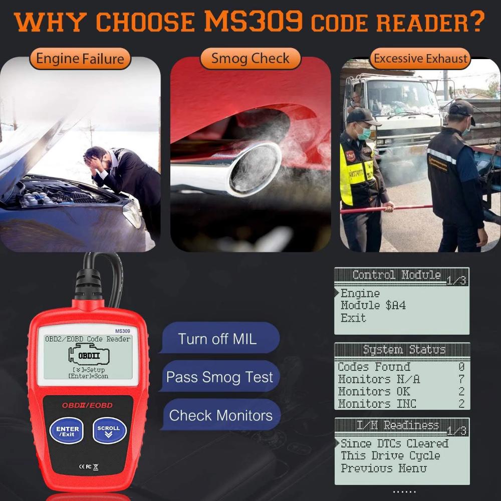 MS309 Čtečka kódů závad automobilu Přesný diagnostický nástroj motoru skener kontroluje kontrolku motoru a stav monitorování emisí
