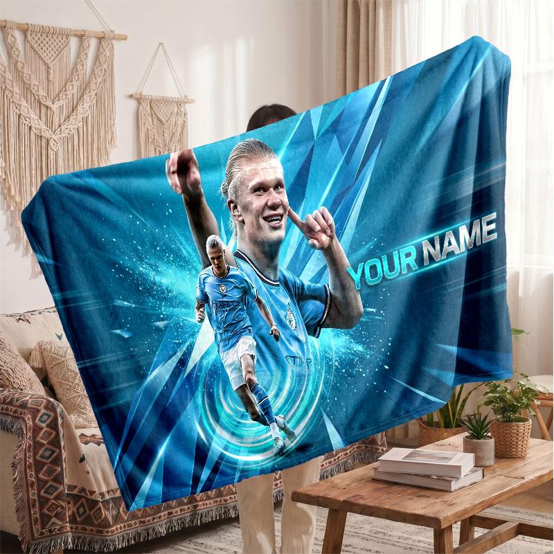 Erling Haaland Personalized Fleece Blanket With Football Logo, Custom Name Text Soft Warm Home Throw Blanket