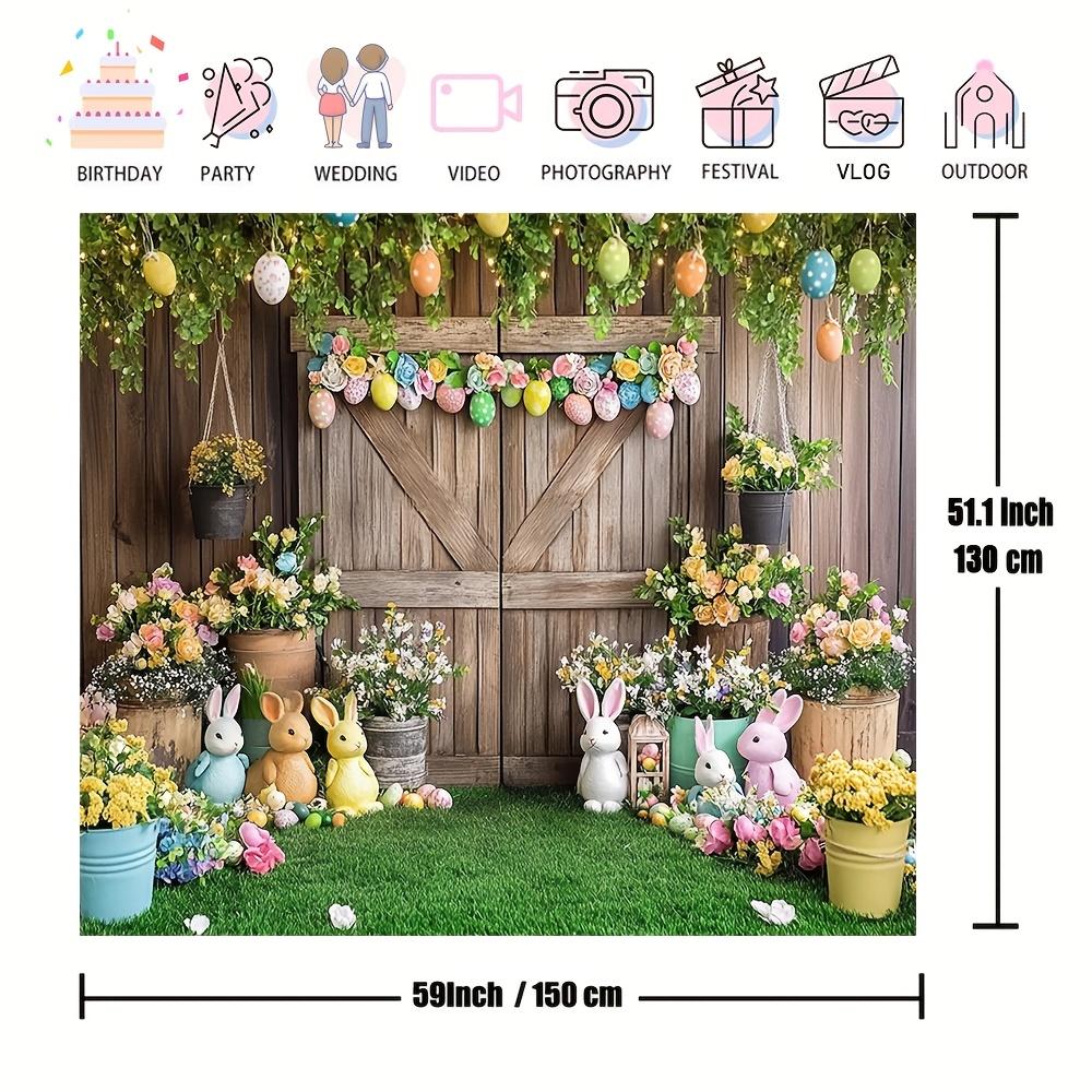 Happy Easter Backdrop Photography AI Scene Wooden House Flowers Rabbit Bunny Eggs Birthday Party Decor Baby Shower Background