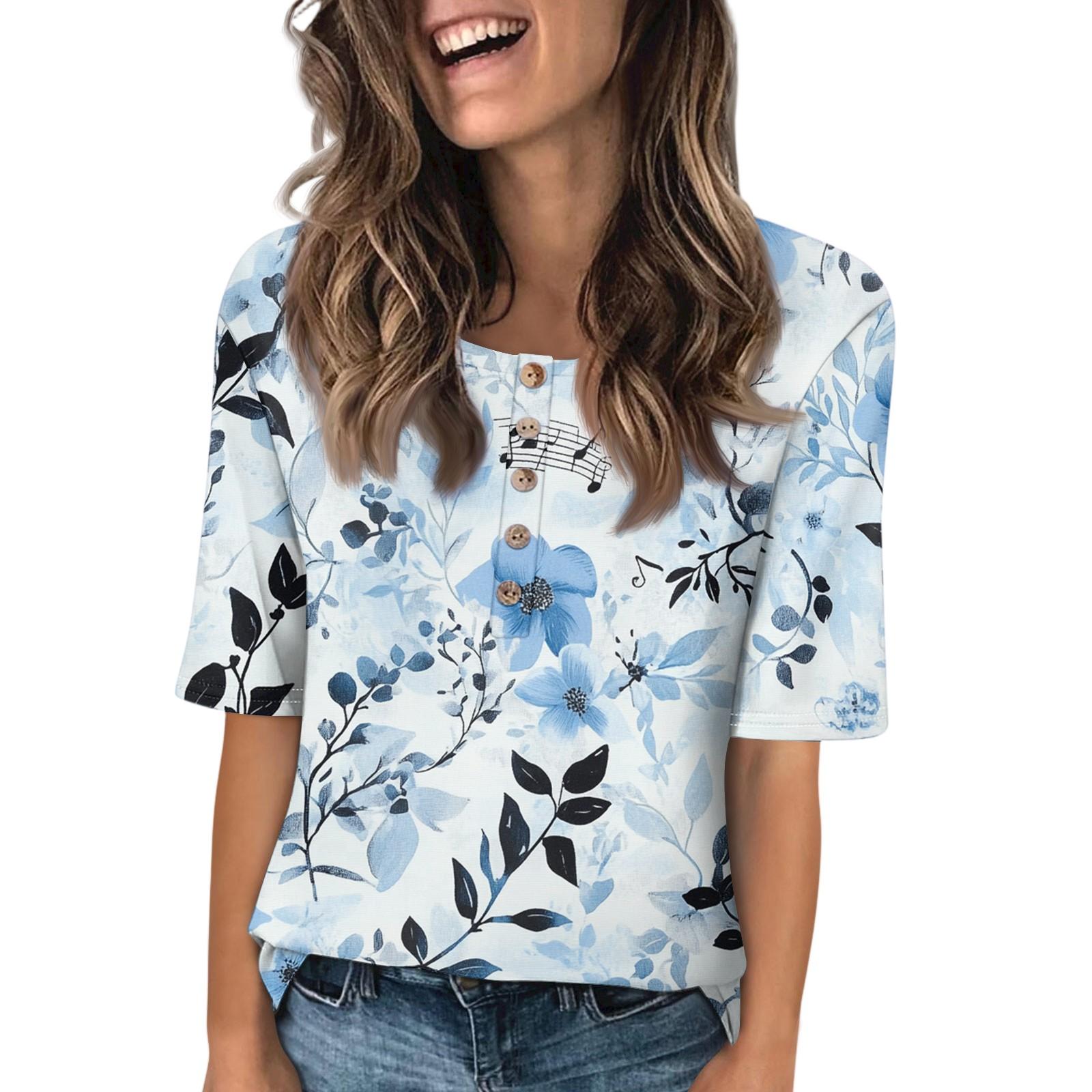 

Женская мода принтованный круглый вырез на пуговицах короткий рукав повседневный топ XL