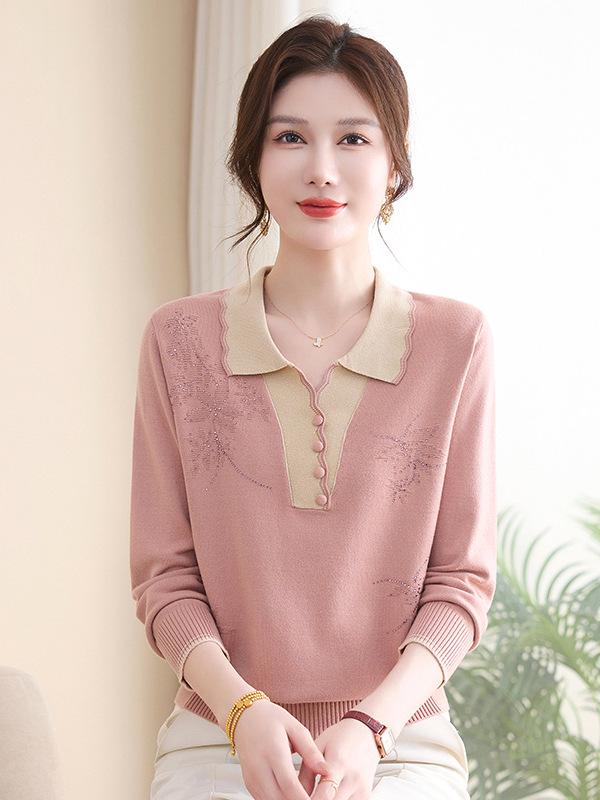 Mom's Autumn Knit Lapel Sweater Set – Long-Sleeve Top, Small Size for Middle-Aged & Elderly Women
