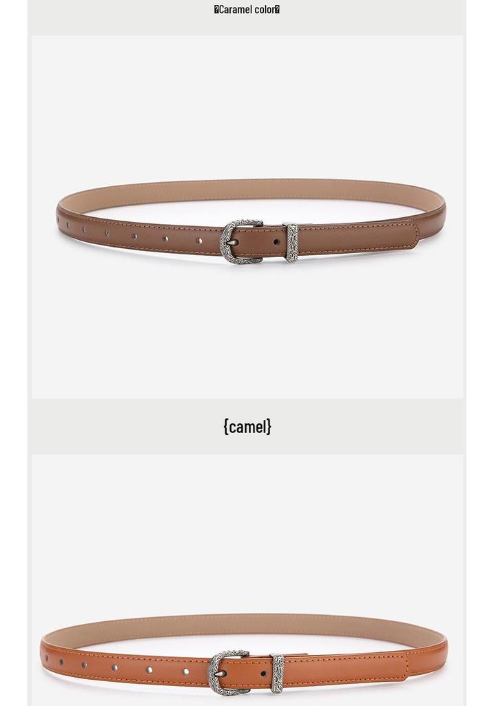 Elegant Women's Two-Layer Genuine Cowhide Leather Belt with Retro Silver Pin Buckle - Thin Decorative Accessory for Pants
