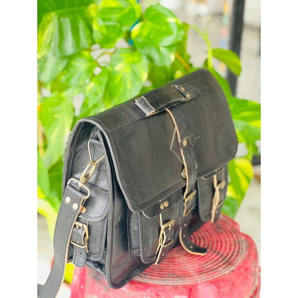 Genuine Goat Leather Vintage Laptop Handmade Black Necessary Bag Satchel