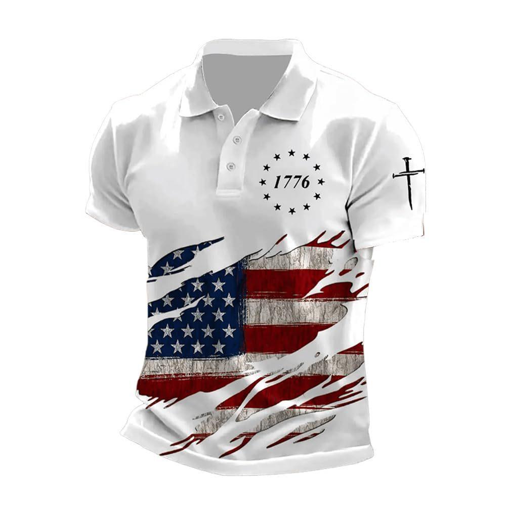 Patriotic 1776 Flag Print Short Sleeve Polo, Stylish Casual Top