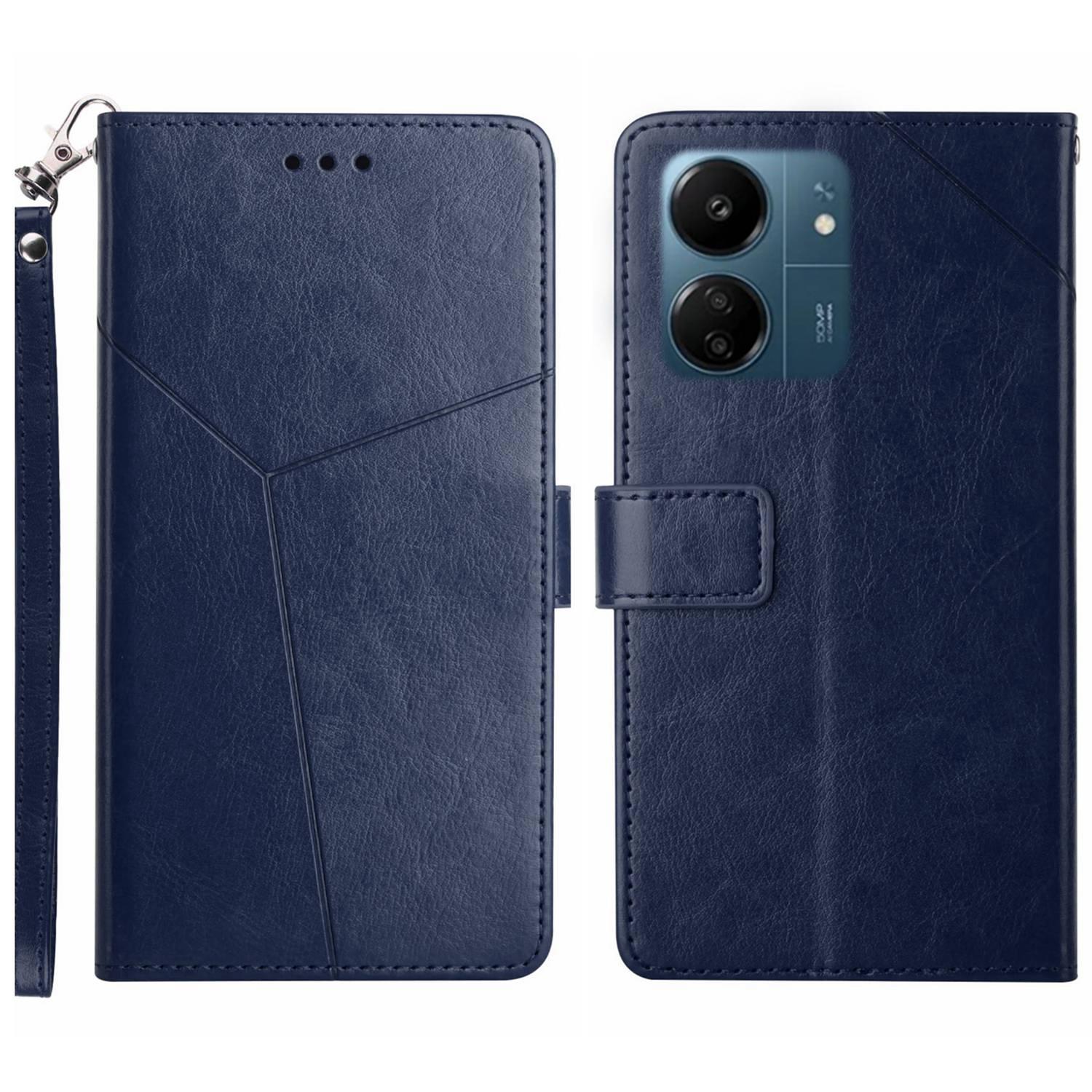 

For Xiaomi Redmi 13C 4G/5G/13R 5G/Poco M6 5G/Poco C65 4G Case with Wrist Strap Y Shaped Lines Imprint Leather Phone Cover Blue