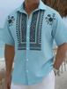 Men's Light Blue Ethnic Geometric Print Short Sleeve Shirt, Spring Summer Fresh Vacation Casual Top, Pocket Lapel Style
