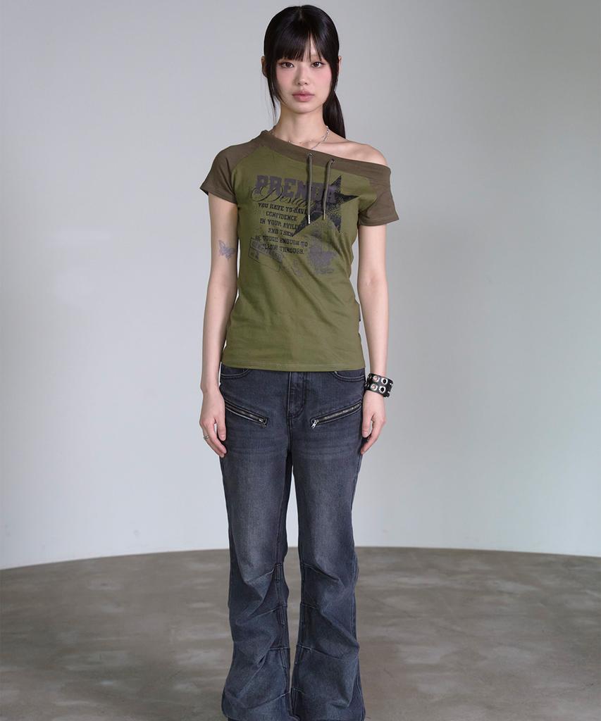 PRENDA String Off Shoulder Short Sleeve Khaki