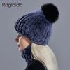 Rabbit Fur Pompom Hat Ring Scarf Set Women's Winter Fashionable Natural Fur Knitted Caps Neck Warmers for Girls Female