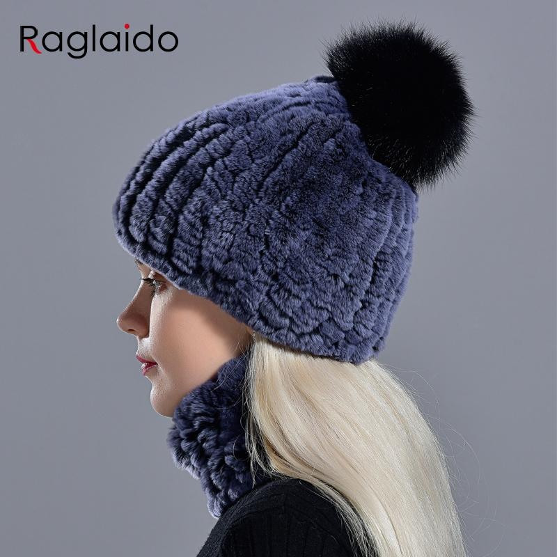 Rabbit Fur Pompom Hat Ring Scarf Set Women's Winter Fashionable Natural Fur Knitted Caps Neck Warmers for Girls Female