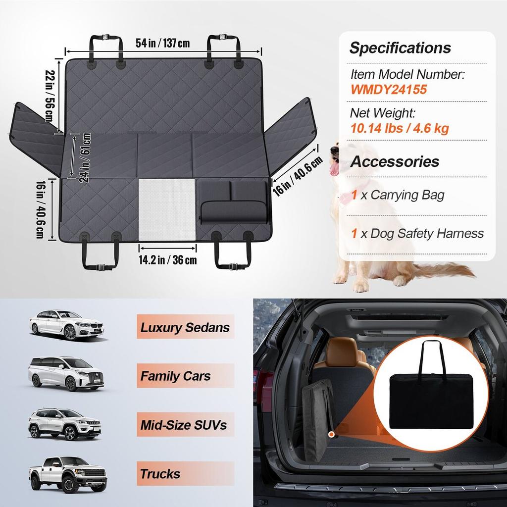 54 x 24 in Dog Car Seat Cover for Back Seat Waterproof 600D for Cars