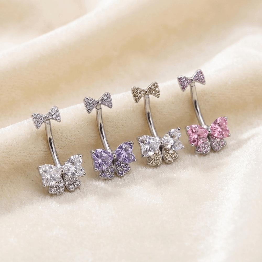 Stainless Steel Navel Piercing Jewelry Crystal Pink Bow Belly Rings Cute Belly Button Rings  Daily