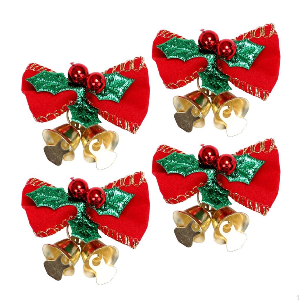 4Pcs Christmas Bow Bell Supplies Glitter Pendant Crafts Topper Charm Xmas Tree Hanging Decorations