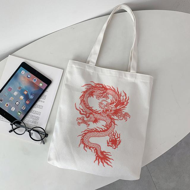 Women Bag Dragon Print Canvas Bag Shopper Bag Harajuku Y2k Large Capacity Punk Gothic Casual Cartoon Women Shoulder Bags Handbag