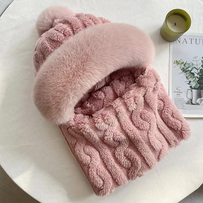 Thickened One Piece Hat for Women Winter Fur Ball Twist Neck Scarf Hat  One Piece Cycling Warm and Windproof High Quality Plush Hat