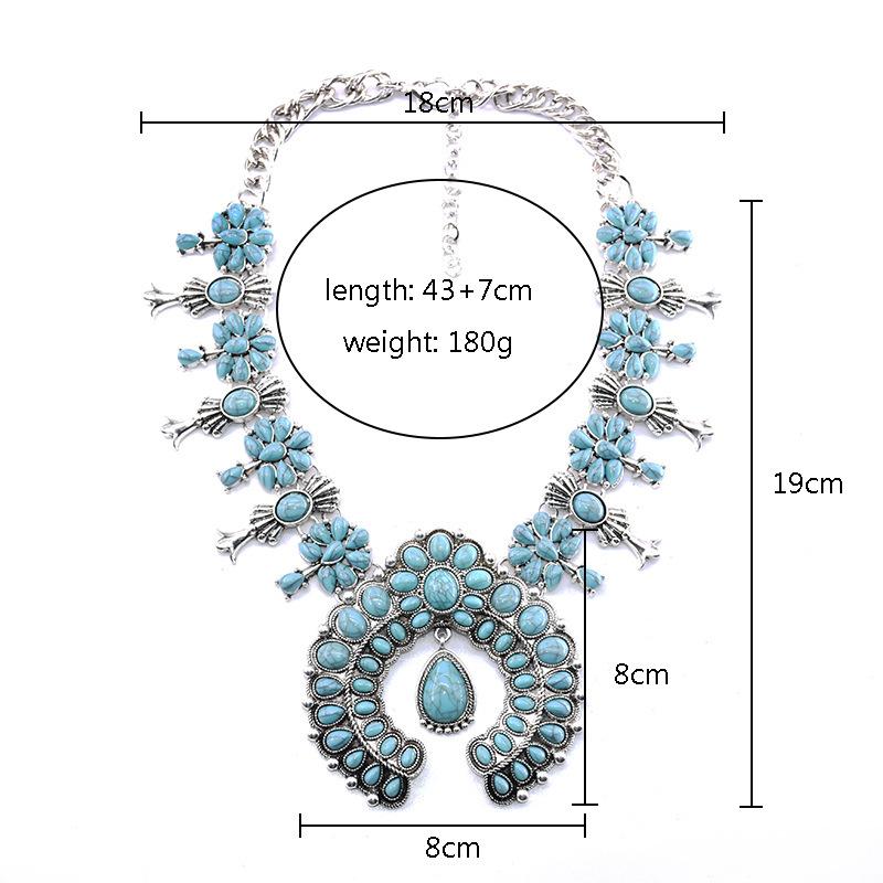 Bohemian Turquoise Flower Pendant Necklace, Vintage Alloy Fashion Jewelry For Women