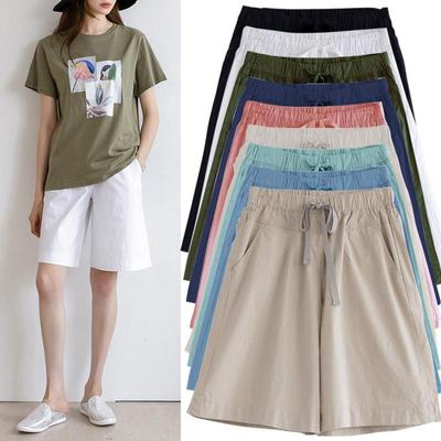 Einfarbige, lässige Shorts für Damen, lockere, elastische, hohe Taille, kurze Hosen mit Taschen, Taillenbund, Sommer-Plus-Shorts für die Arbeit, Urlaub, atmungsaktive, dünne kurze Hosen