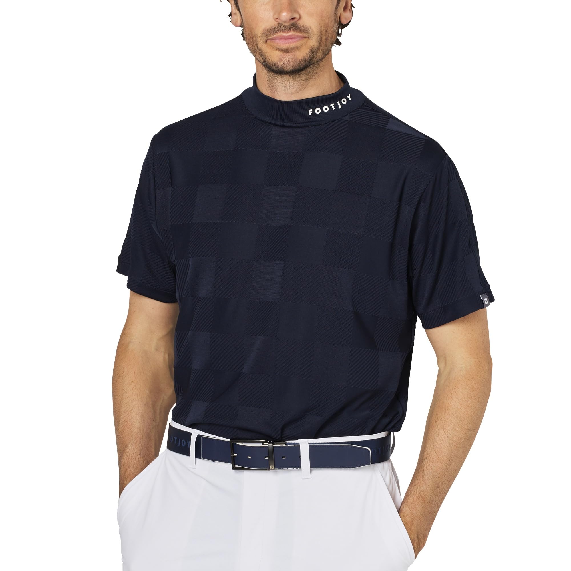 

FootJoy Men s Check Jacquard Short Sleeve Mock Neck Golf Shirt, Dark Navy, Size M (FJ-S25-S05, 34684-M)