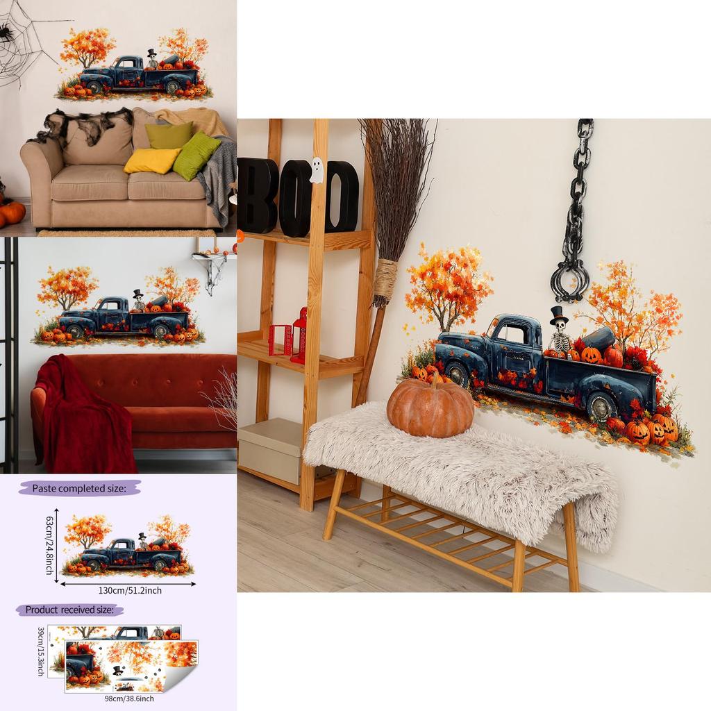 Modern Minimalist Halloween Wall Art With Skeleton And Pumpkin Pvc Decal For Dining