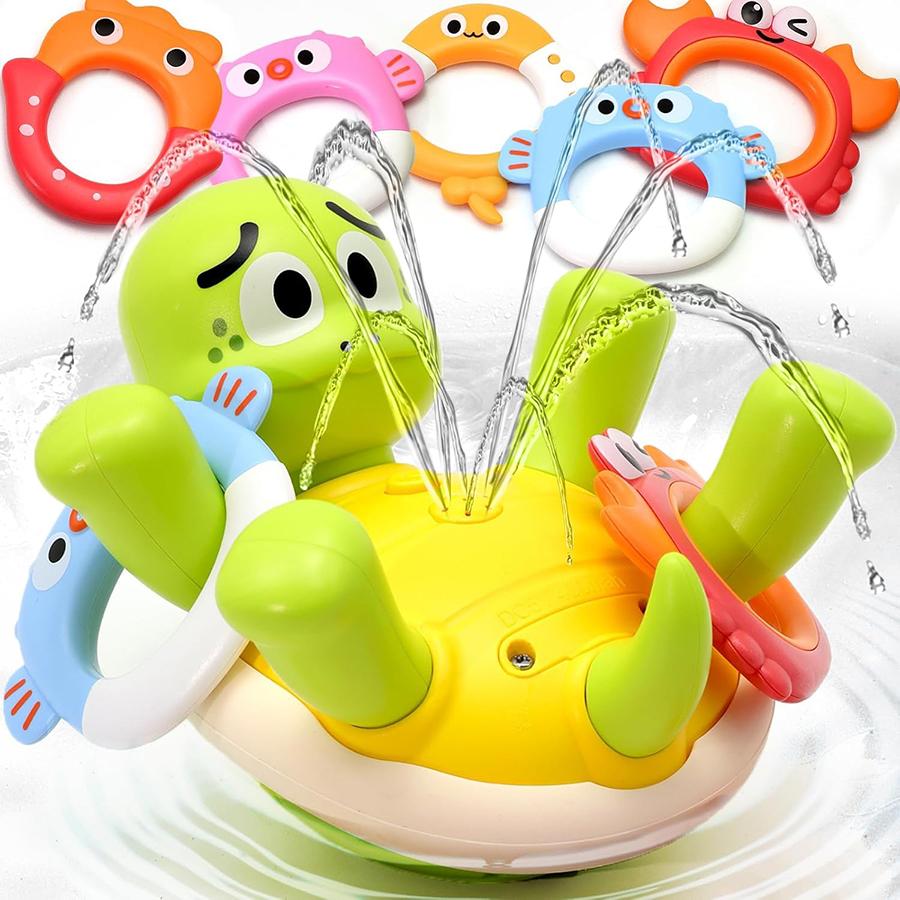 Baby Bath Toys Toddler Bath Toys for Kids  Rechargeable Swimming Turtle Bath Toy with 5 Rings Bathtub Spray Toy for Baby Toys
