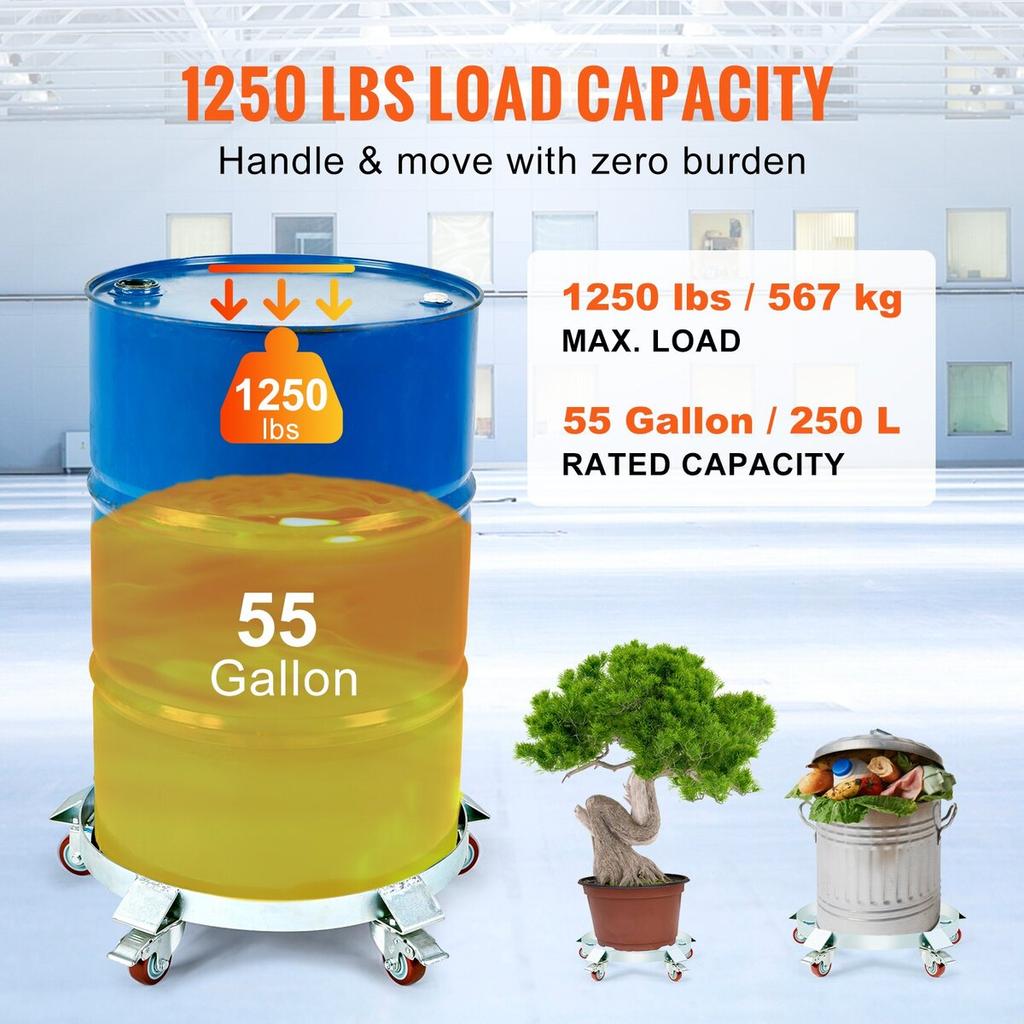 55 Gallon Heavy Duty Drum Dolly, 1250lbs Load Capacity, Barrel Dolly Cart Drum Caddy, Non Tipping Hand Truck Capacity Dollies with Steel Frame 5