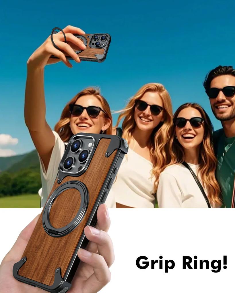 Oatsbasf Magnetic Phone Case for iPhone 16 Pro/16 Pro Max with 360°Rotatable Stand Wooden Protective Cover Wireless Charging