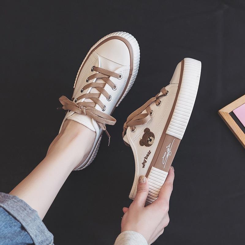 S bear head half drag heel-less canvas shoes women's summer new one-pedal lazy shoes board shoes