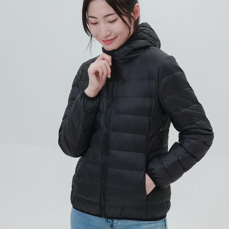 Autumn and winter new women's light stand-up collar hooded down jacket white duck down women's slim fit large size light jacket