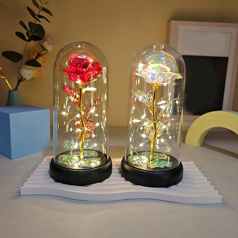 1 Set Light Up Wedding Galaxy Rose Decor Artificial Flowers Led Red Rose Valentine'S Day Gift Rose In Acrylic Cover Stand