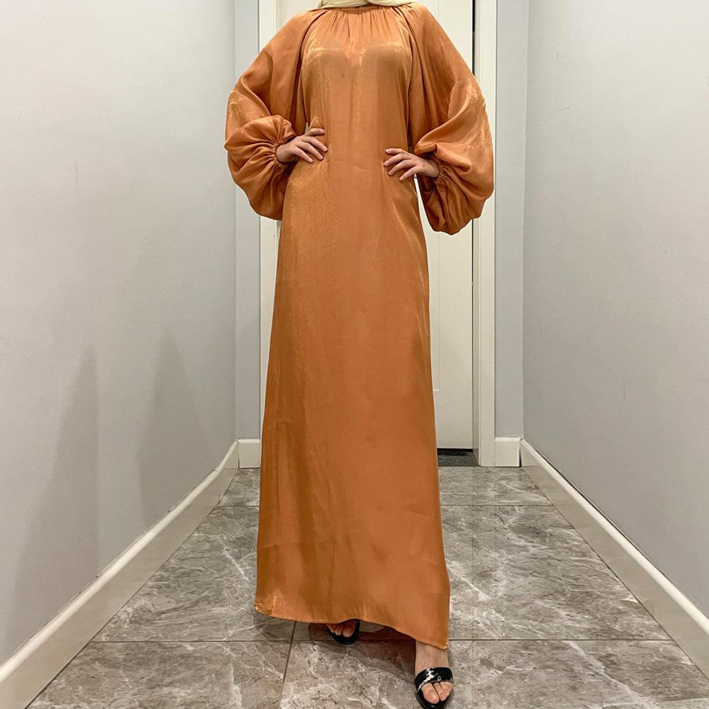 Damenkleidung, einfarbig, große Laternenärmel, helle Seide, lange Ärmel, Stehkragen, Rückenbindung, muslimisches Kleid, 6 Farben