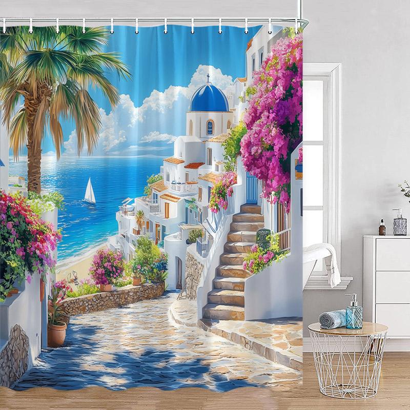Hand-painted Street View Shower Curtains European Garden Cafe Green Plants Flowers Greenery Bathroom Decor Modern Bath Curtain