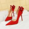 Banquet High Heels Thin Heels Shallow Mouth Pointed Toe Side Hollowed Out Rhinestone Bow Tie Single Shoes