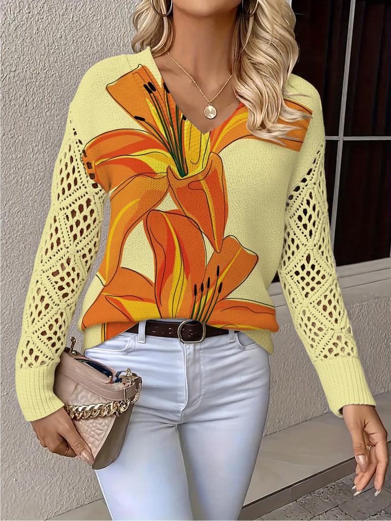 Neues bedrucktes V-Ausschnitt-Oberteil Damen beliebter Pullover Langarm Frühling und Herbst Pullover