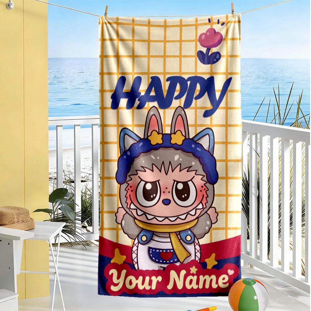 Labubu Customizable Name Beach Towel Super Soft Microfiber Quickdry Fabric Ideal for Travel Outdoor Swim Pool Yoga Surf Camping Hiking Gym Gift Holida