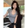American Front Shoulder U-neck Slim and Thin T-shirt Versatile Pure Desire Style Niche Ins Fashion Hot Girl Sexy Top