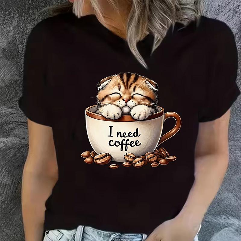 T-shirt Fashion Round Neck Short Sleeve T-shirt Casual Pattern T-shirt Top XS