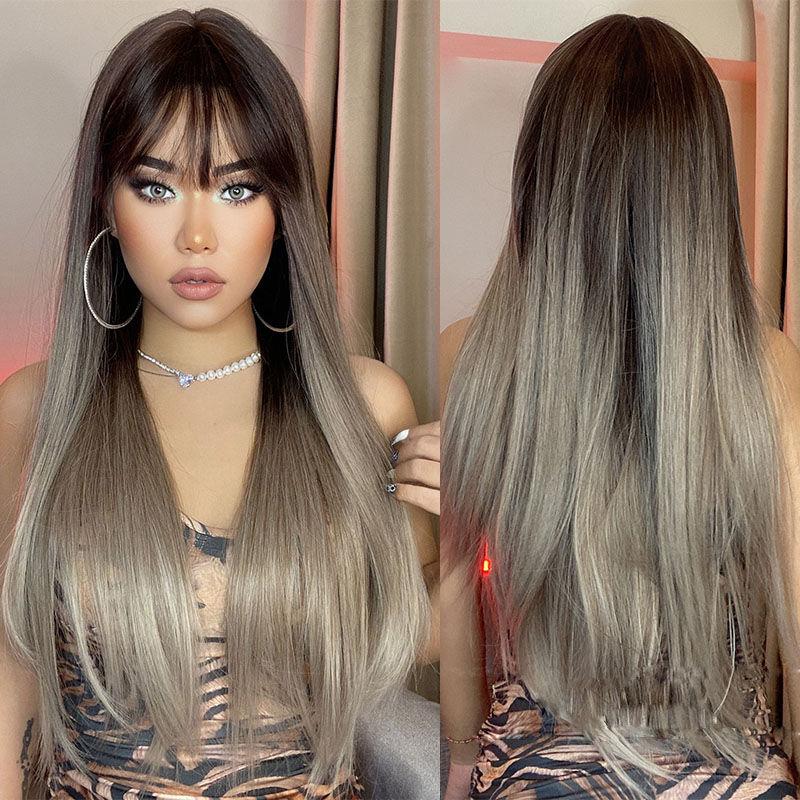 Cover Bangs Gradient Gray Long Silk Wigs High Temperature Chemical Fiber Wig Head Straight Hair
