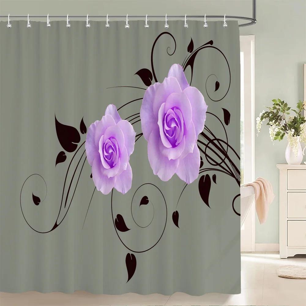 1Pcs Elegant Rose Flower Printed Fabric Waterproof Shower Curtain, Romantic and Fashionable Rose Bathroom Decoration, with Hooks