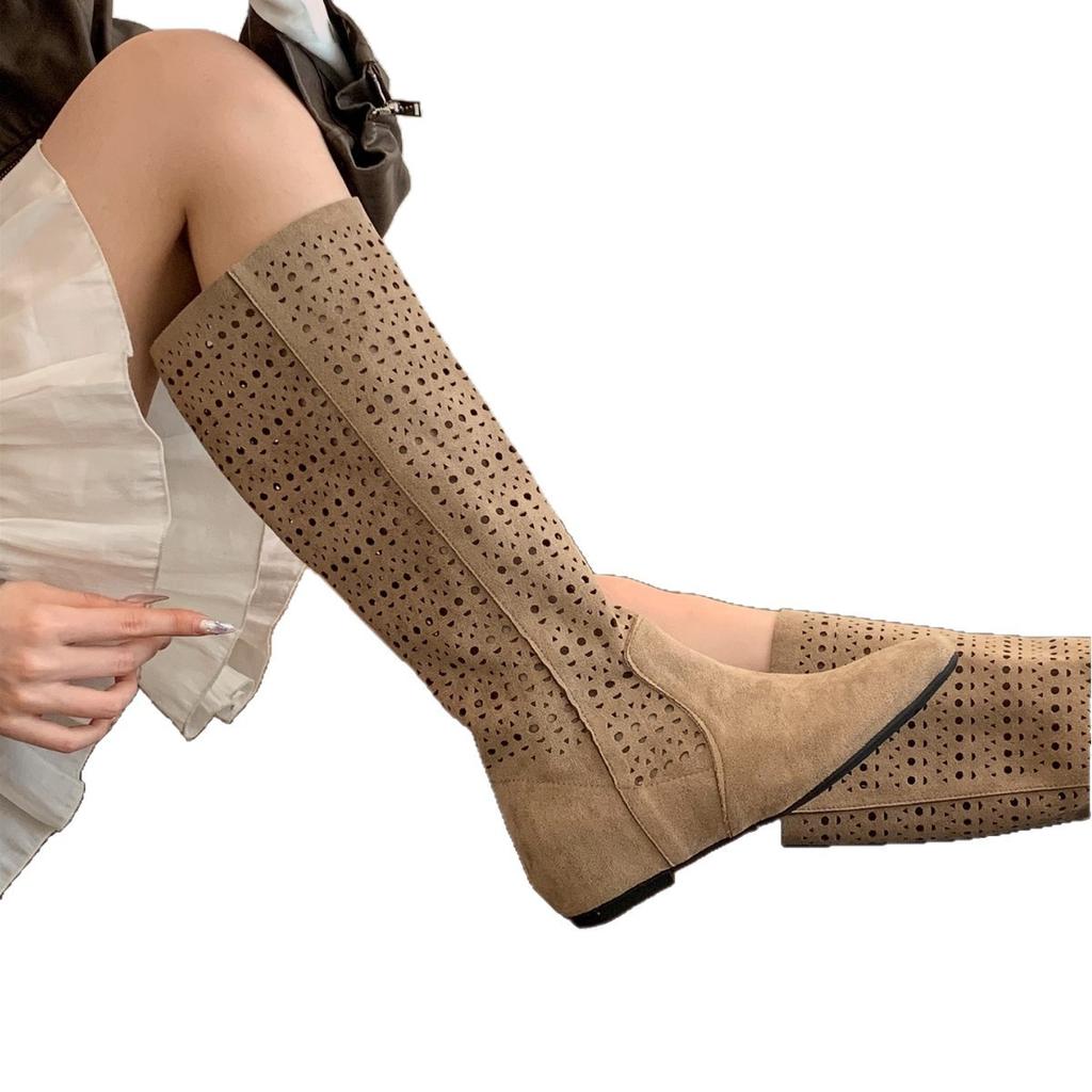4CM Inner Height Increase~ Retro Spice Girl Maillard Hollow Boots Women's Summer Breathable Non-slip Millennial Wind Thin Boots