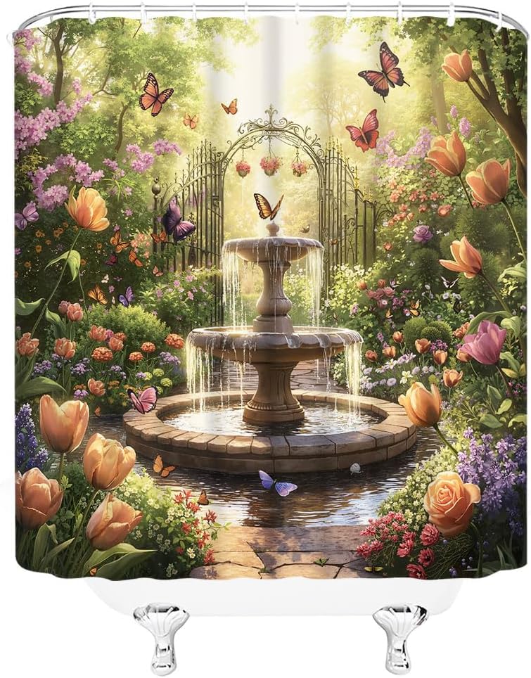 Spring Garden Shower Curtain Fantasy Forest Flower Butterfly Elegant Tulip Floral Romantic Nature Scenery Wonderland Bathroom