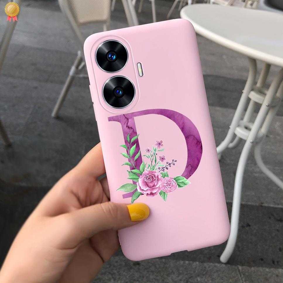 For Realme C55 C 55 6.72'' Case Delicate Cute Letters 3D Crown Flowers Matte Shockproof Soft TPU Silicone Phone Case Back Cover